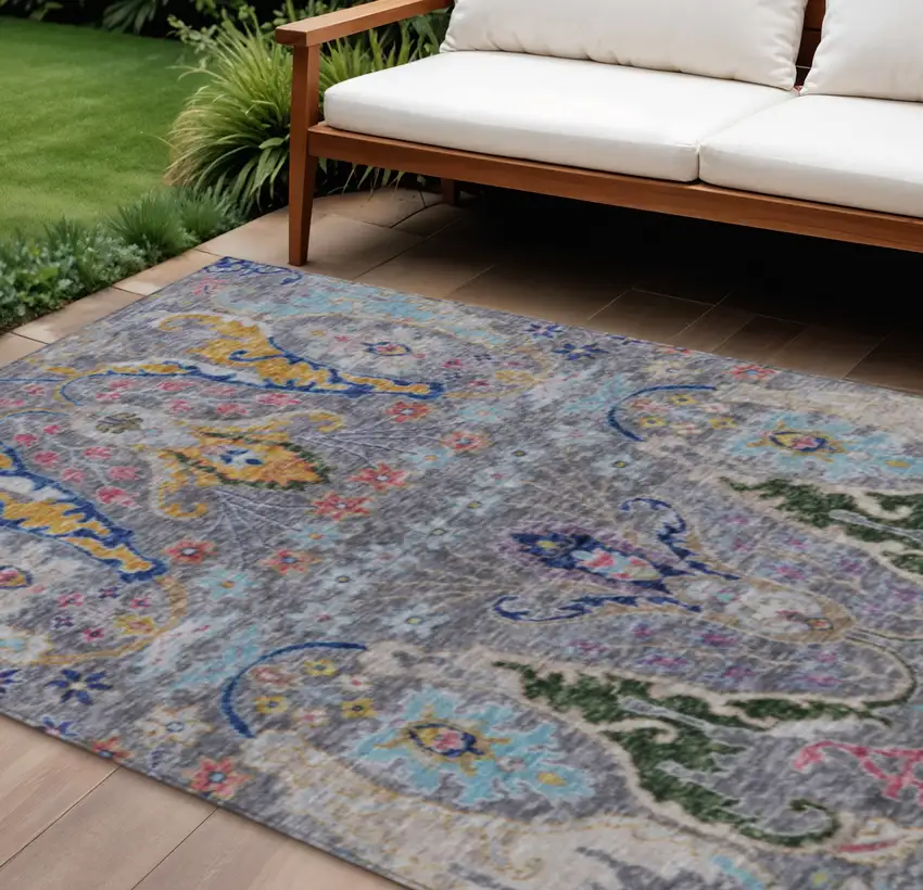 Gray Gold And Navy Blue Floral Washable Indoor Outdoor Area Rug Photo 1