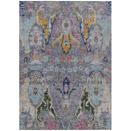 Gray Gold And Navy Blue Floral Washable Indoor Outdoor Area Rug Photo 2