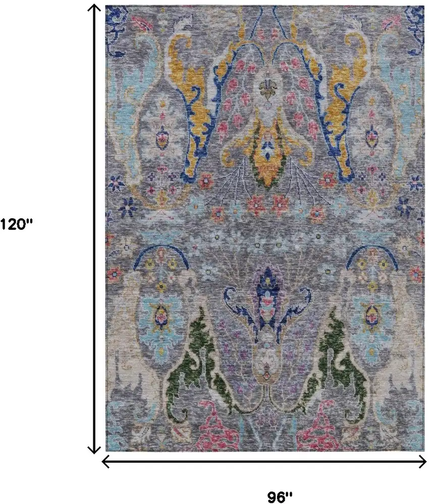 Gray Gold And Navy Blue Floral Washable Indoor Outdoor Area Rug Photo 9