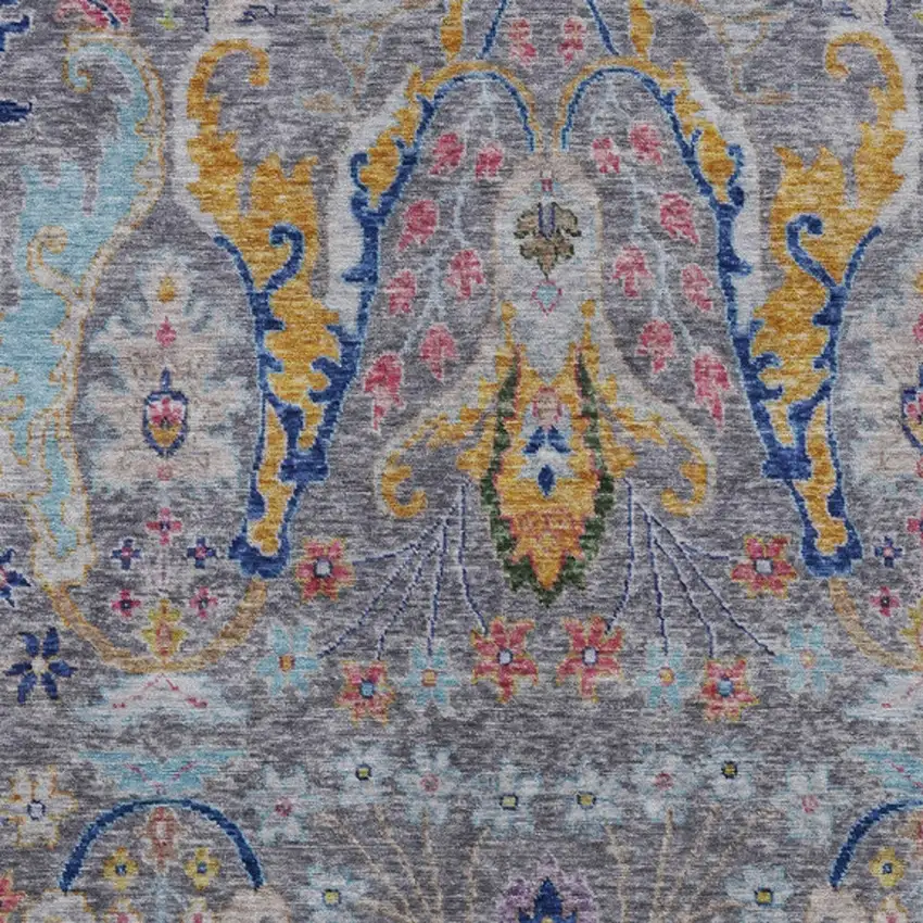 Gray Gold And Navy Blue Floral Washable Indoor Outdoor Area Rug Photo 6