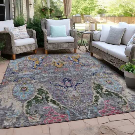 Gray Gold And Navy Blue Floral Washable Indoor Outdoor Area Rug Photo 5