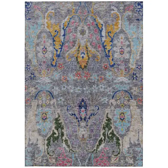 Gray Gold And Navy Blue Floral Washable Indoor Outdoor Area Rug Photo 3