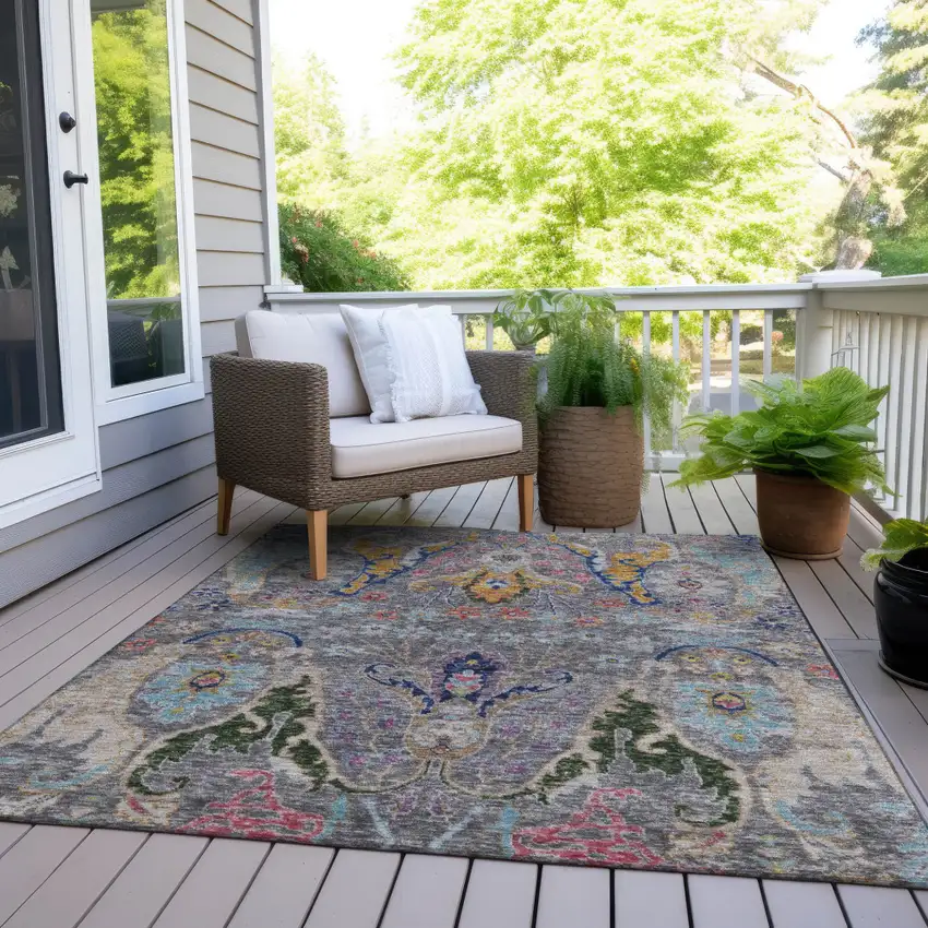 Gray Gold And Navy Blue Floral Washable Indoor Outdoor Area Rug Photo 8
