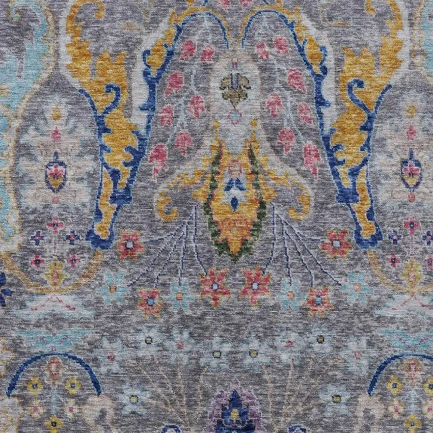 Gray Gold And Navy Blue Floral Washable Indoor Outdoor Area Rug Photo 4