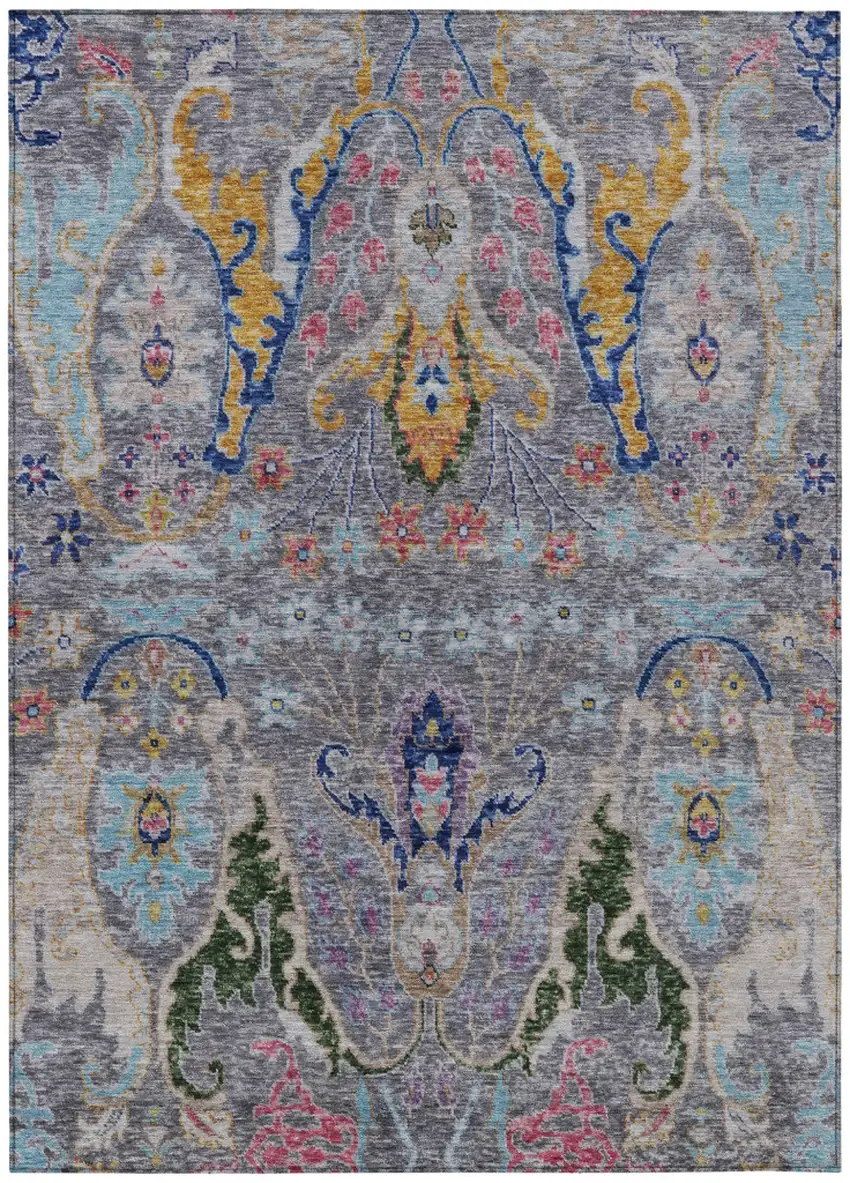 Gray Gold And Navy Blue Floral Washable Indoor Outdoor Area Rug Photo 1