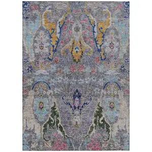 Photo of Gray Gold And Navy Blue Floral Washable Indoor Outdoor Area Rug