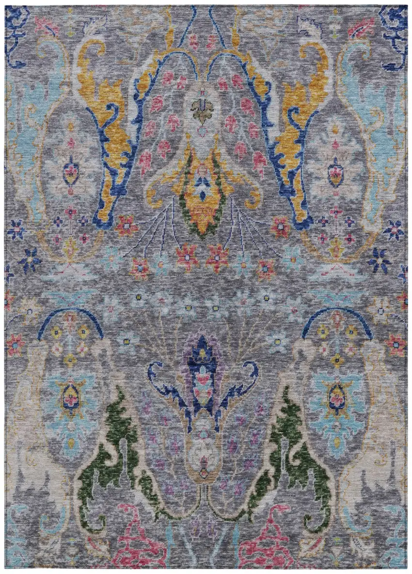 Gray Gold And Navy Blue Floral Washable Indoor Outdoor Area Rug Photo 3