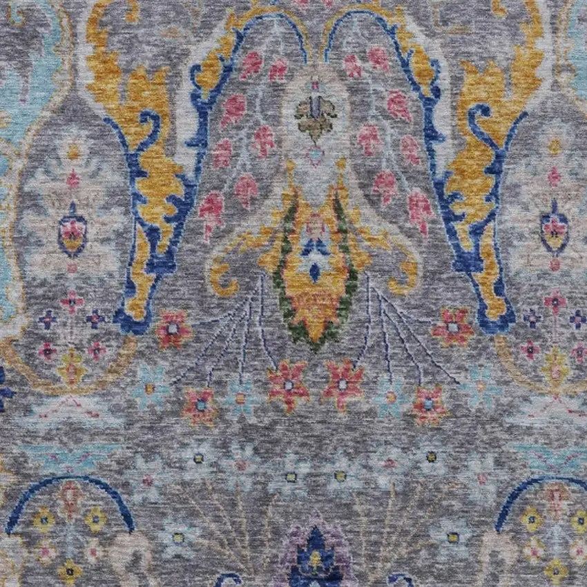 Gray Gold And Navy Blue Floral Washable Indoor Outdoor Area Rug Photo 4