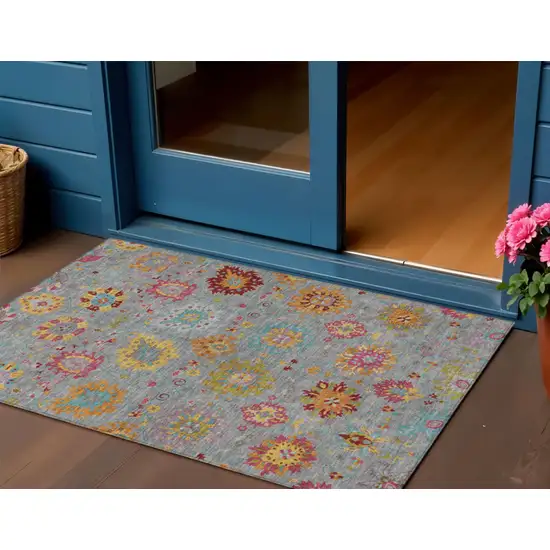 Gray Gold And Pink Damask Washable Indoor Outdoor Area Rug Photo 1