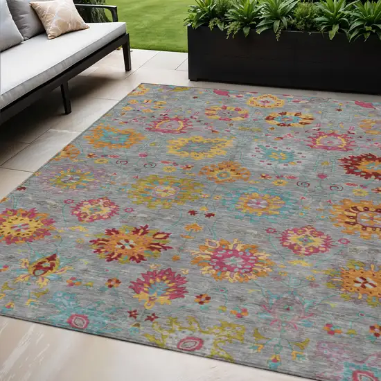 Gray Gold And Pink Damask Washable Indoor Outdoor Area Rug Photo 1