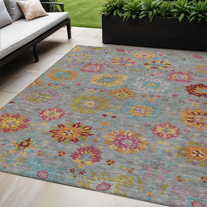 Gray Gold And Pink Damask Washable Indoor Outdoor Area Rug Photo 1