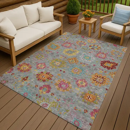 Gray Gold And Pink Damask Washable Indoor Outdoor Area Rug Photo 9