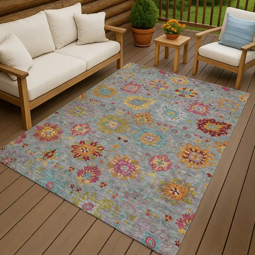 Gray Gold And Pink Damask Washable Indoor Outdoor Area Rug Photo 9