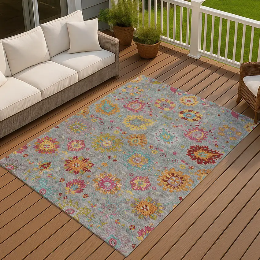 Gray Gold And Pink Damask Washable Indoor Outdoor Area Rug Photo 8