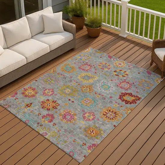 Gray Gold And Pink Damask Washable Indoor Outdoor Area Rug Photo 9