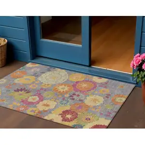 Photo of Gray Gold And Pink Floral Washable Indoor Outdoor Area Rug