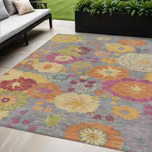 Photo of Gray Gold And Pink Floral Washable Indoor Outdoor Area Rug