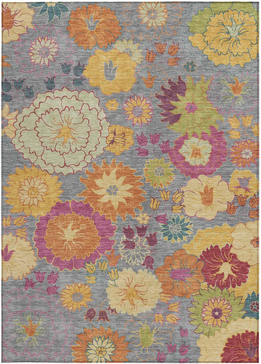 Gray Gold And Pink Floral Washable Indoor Outdoor Area Rug Photo 4