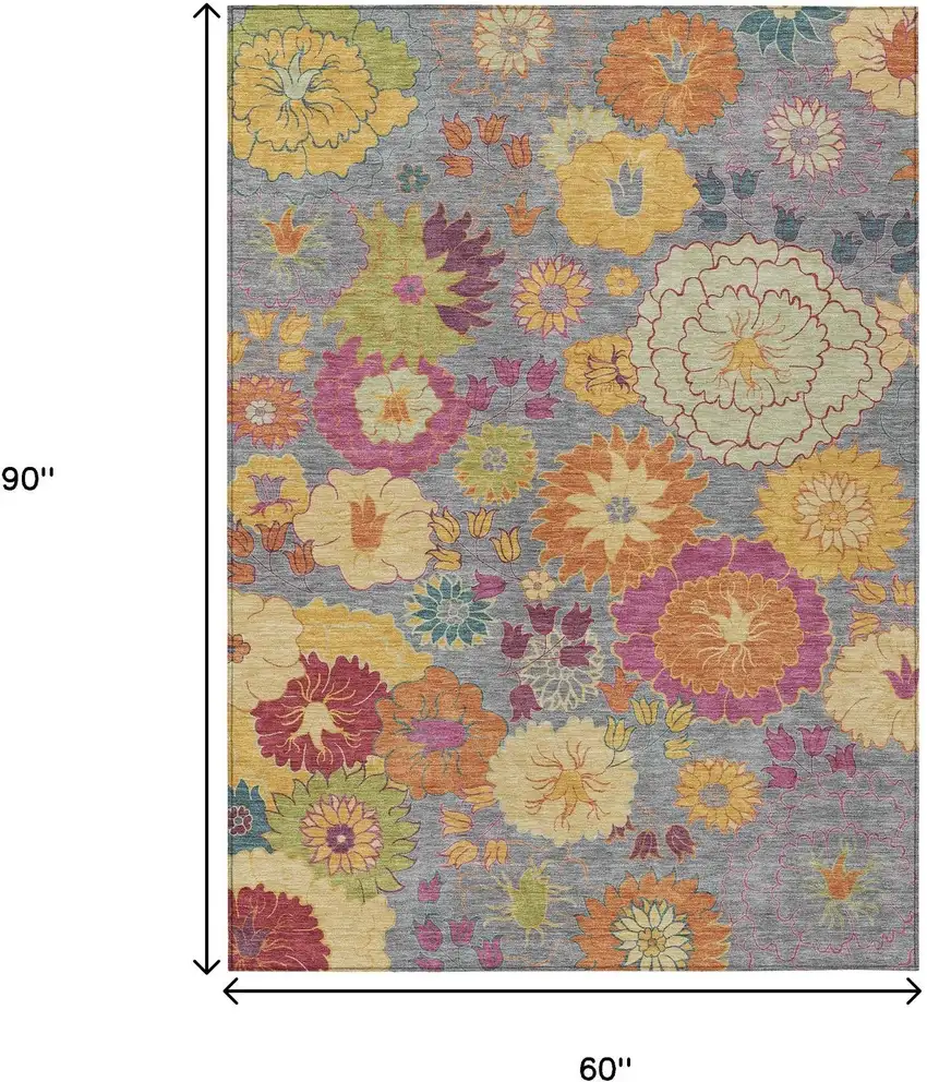 Gray Gold And Pink Floral Washable Indoor Outdoor Area Rug Photo 3