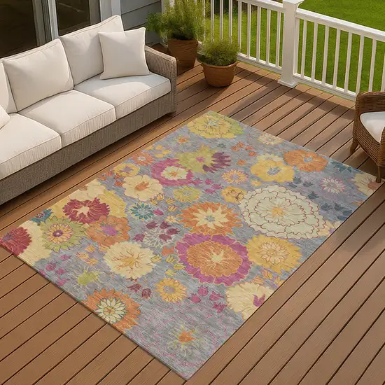 Gray Gold And Pink Floral Washable Indoor Outdoor Area Rug Photo 9