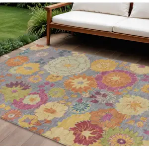 Photo of Gray Gold And Pink Floral Washable Indoor Outdoor Area Rug
