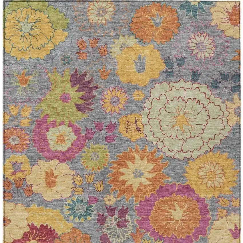 Gray Gold And Pink Floral Washable Indoor Outdoor Area Rug Photo 4