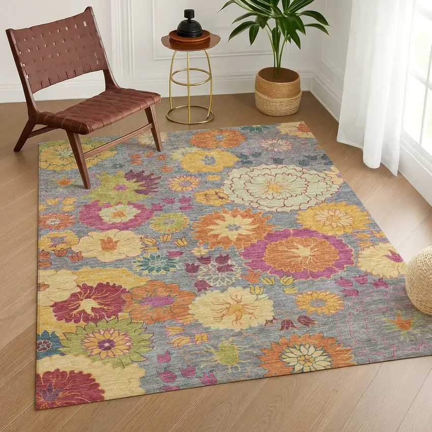 Gray Gold And Pink Floral Washable Indoor Outdoor Area Rug Photo 9