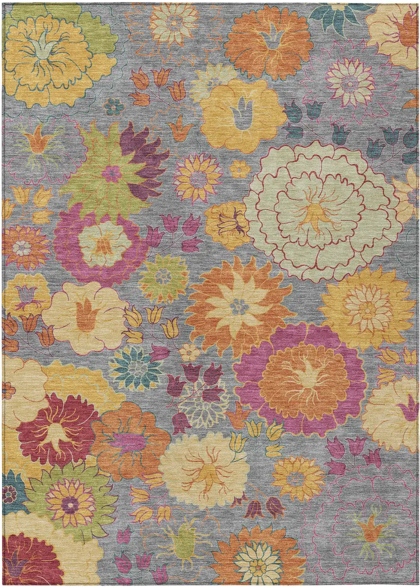 Gray Gold And Pink Floral Washable Indoor Outdoor Area Rug Photo 2
