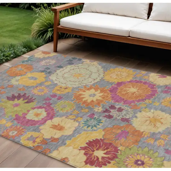 Gray Gold And Pink Floral Washable Indoor Outdoor Area Rug Photo 1