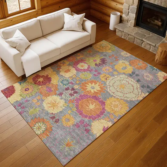 Gray Gold And Pink Floral Washable Indoor Outdoor Area Rug Photo 9