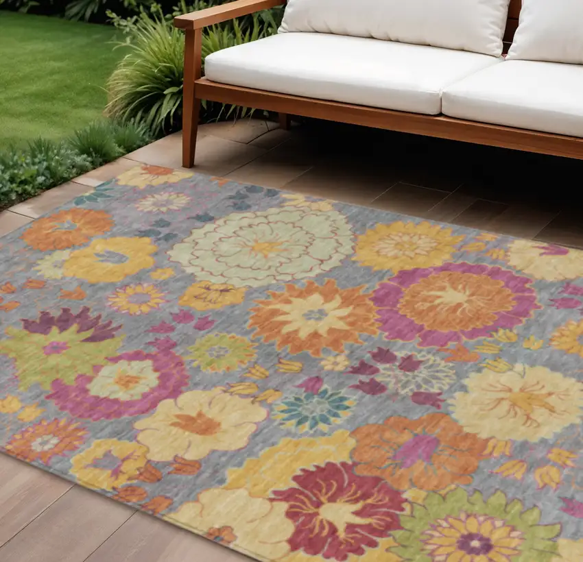Gray Gold And Pink Floral Washable Indoor Outdoor Area Rug Photo 1