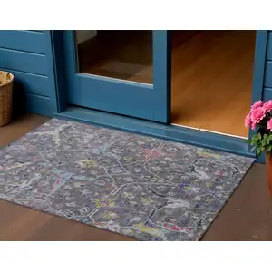 Photo of Gray Gold And Red Floral Washable Indoor Outdoor Area Rug