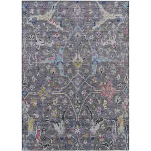 Photo of Gray Gold And Red Floral Washable Indoor Outdoor Area Rug