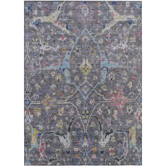 Gray Gold And Red Floral Washable Indoor Outdoor Area Rug Photo 2