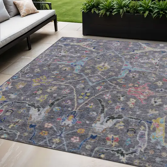 Gray Gold And Red Floral Washable Indoor Outdoor Area Rug Photo 1