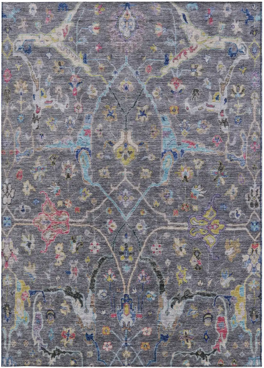 Gray Gold And Red Floral Washable Indoor Outdoor Area Rug Photo 4