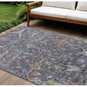 Photo of Gray Gold And Red Floral Washable Indoor Outdoor Area Rug