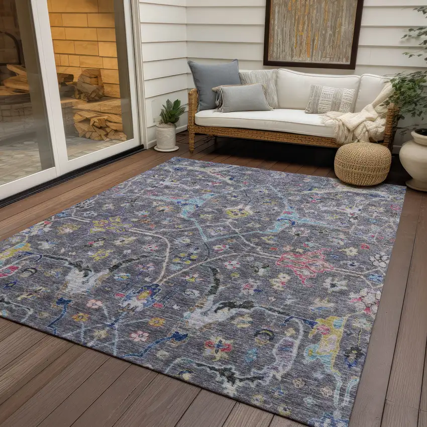 Gray Gold And Red Floral Washable Indoor Outdoor Area Rug Photo 9