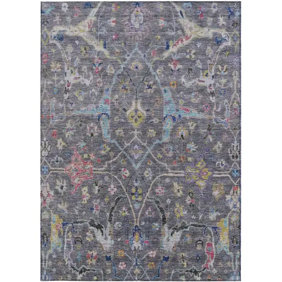 Gray Gold And Red Floral Washable Indoor Outdoor Area Rug Photo 4