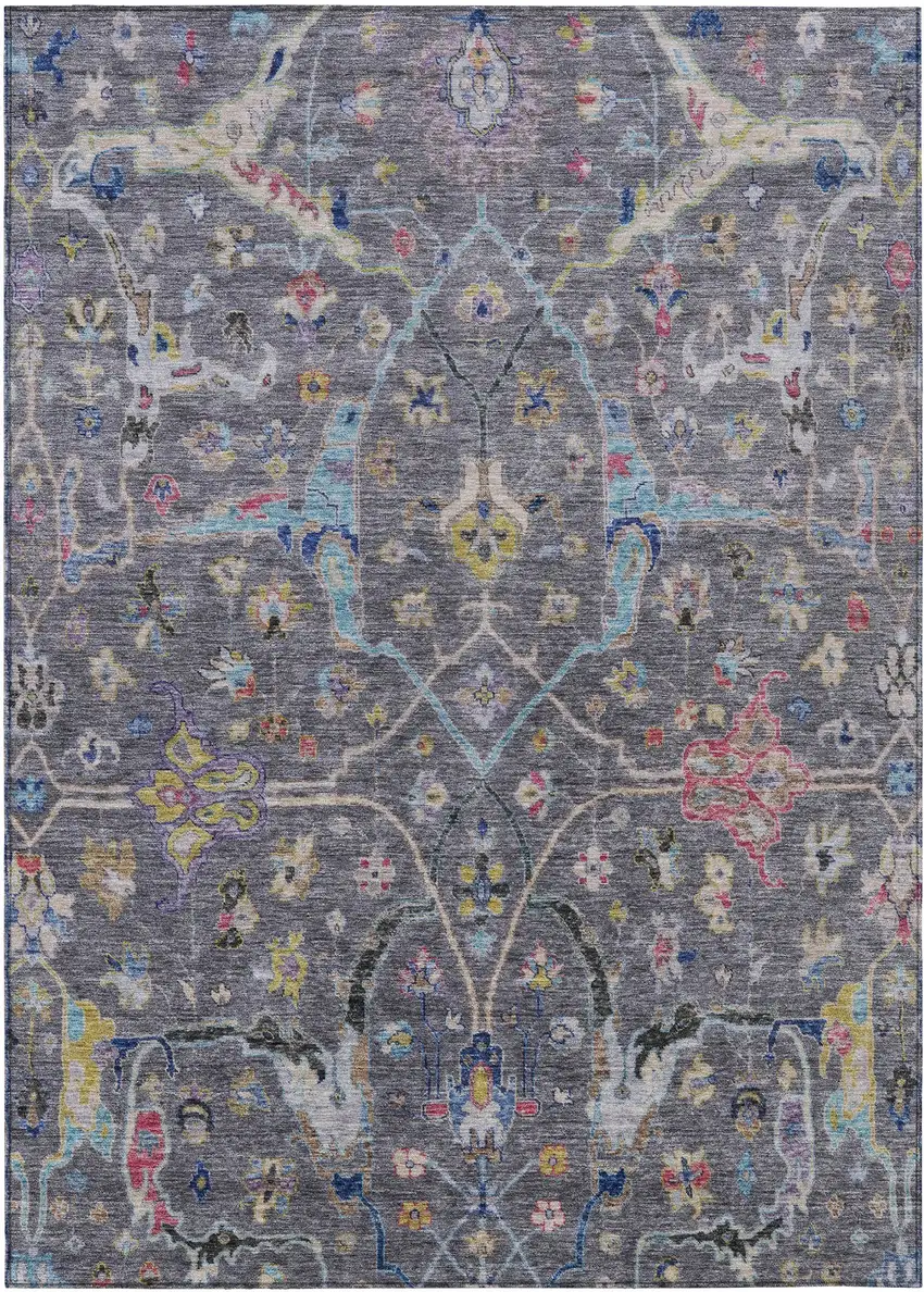 Gray Gold And Red Floral Washable Indoor Outdoor Area Rug Photo 2