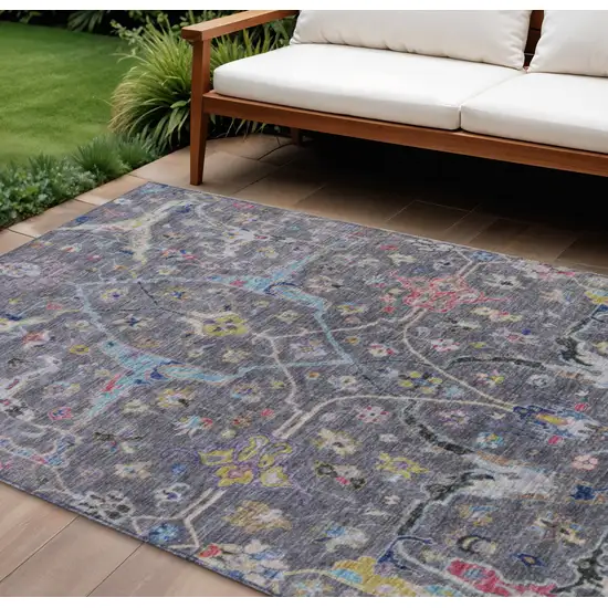 Gray Gold And Red Floral Washable Indoor Outdoor Area Rug Photo 1