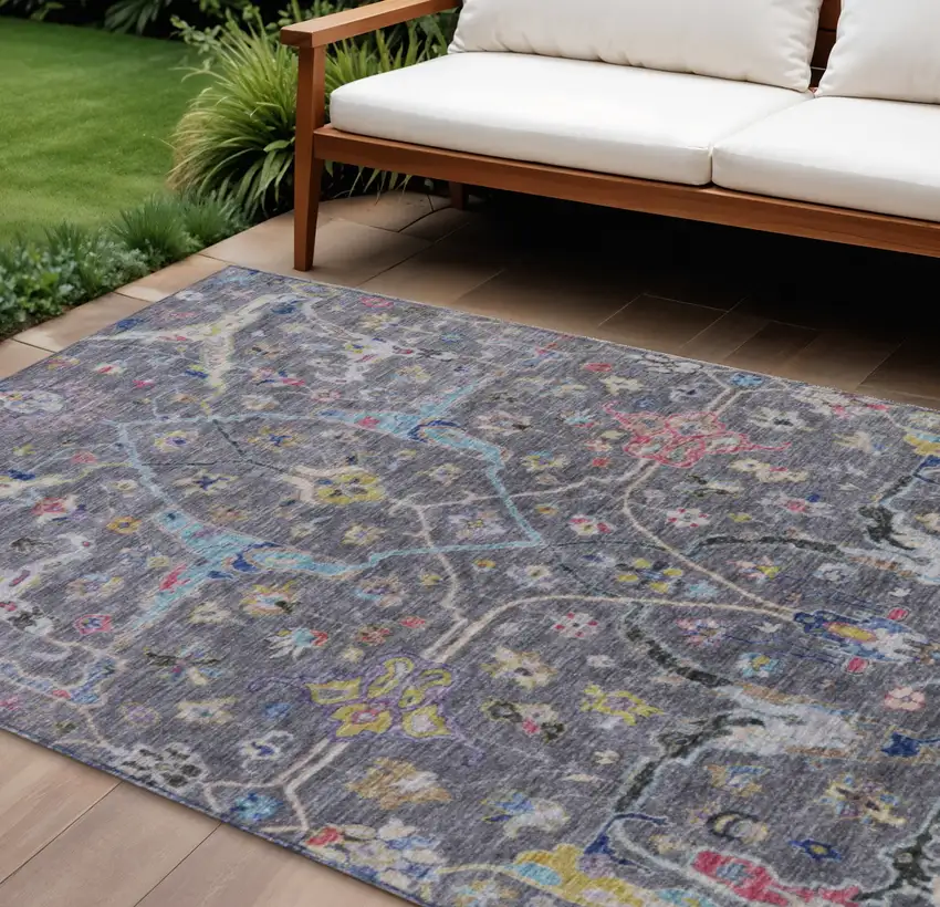 Gray Gold And Red Floral Washable Indoor Outdoor Area Rug Photo 1