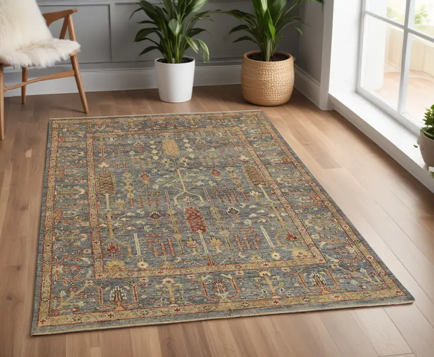 Gray and Ivory Wool Floral Hand Knotted Area Rug With Fringe Photo 1
