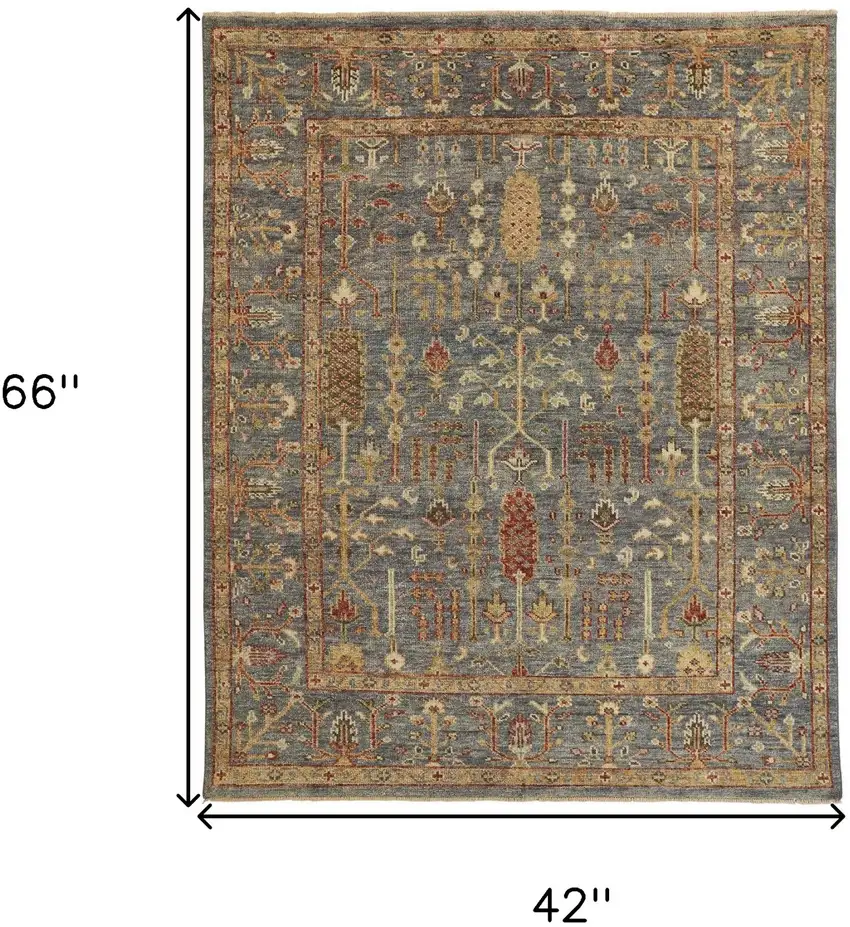 Gray Gold And Red Wool Floral Hand Knotted Stain Resistant Area Rug With Fringe Photo 8