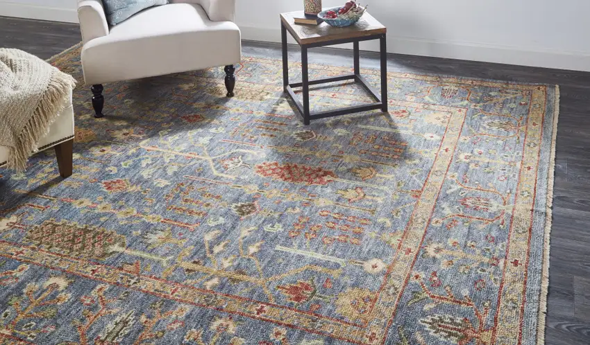 Gray Gold And Red Wool Floral Hand Knotted Stain Resistant Area Rug With Fringe Photo 7