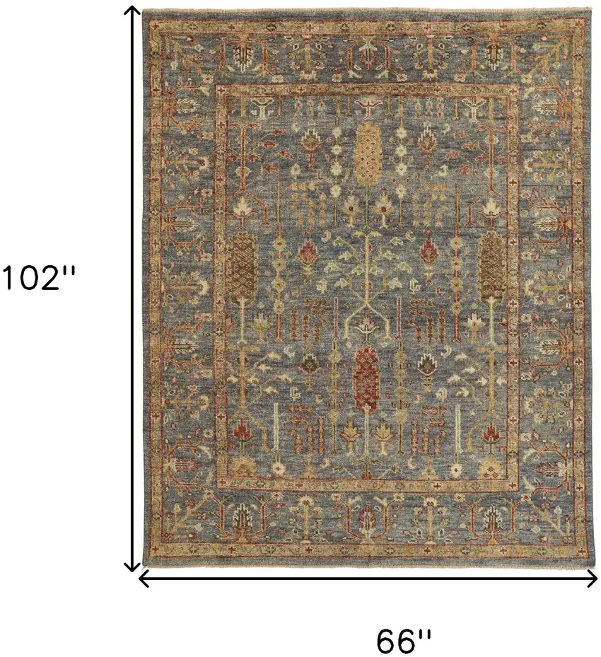 Gray Gold And Red Wool Floral Hand Knotted Stain Resistant Area Rug With Fringe Photo 8