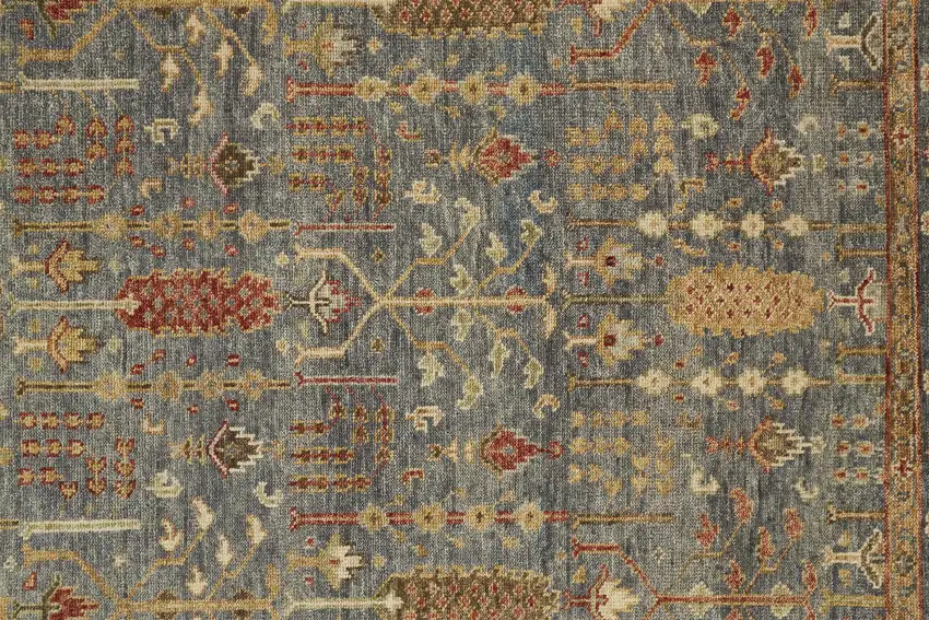 Gray Gold And Red Wool Floral Hand Knotted Stain Resistant Area Rug With Fringe Photo 6
