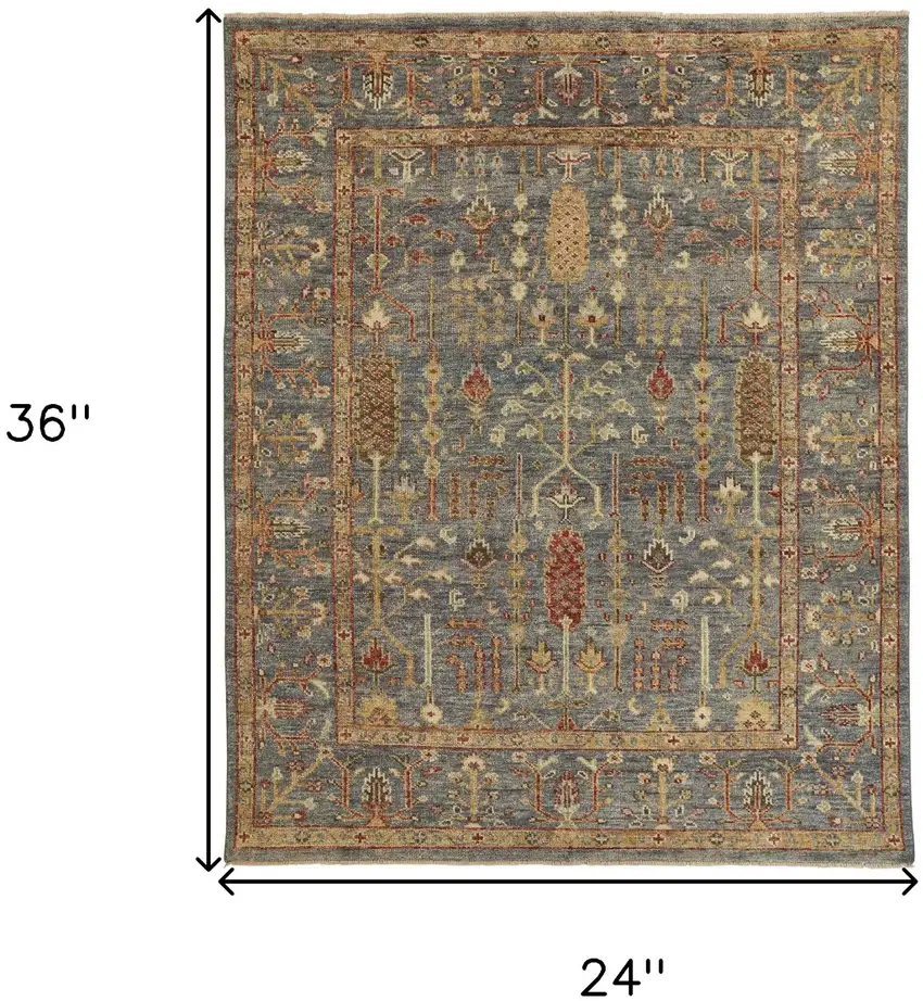 Gray Gold And Red Wool Floral Hand Knotted Stain Resistant Area Rug With Fringe Photo 8