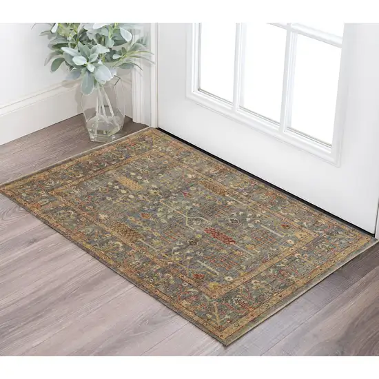 Gray and Ivory Wool Floral Hand Knotted Area Rug With Fringe Photo 1