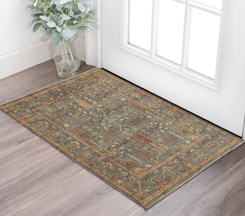 Gray and Ivory Wool Floral Hand Knotted Area Rug With Fringe Photo 1